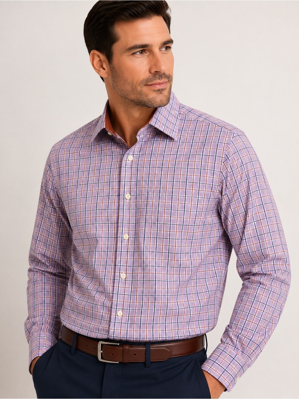 Paul Fredrick Men’s 17.5 35 Purple Plaid Non Iron Cotton Dress Shirt 17.5 neck